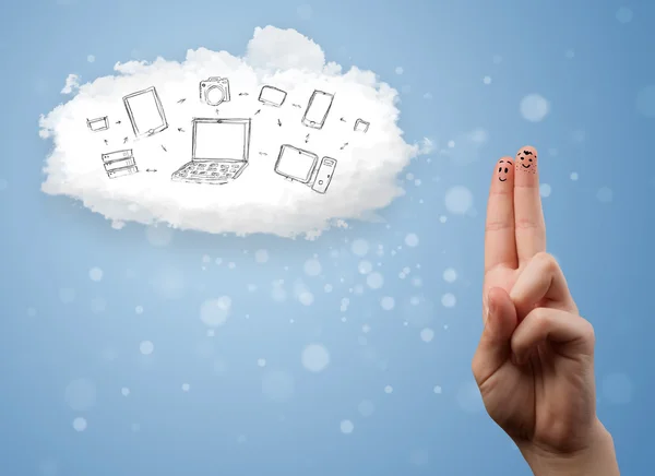 Happy smiley fingers looking at cloud computing with technology — Stock Photo, Image