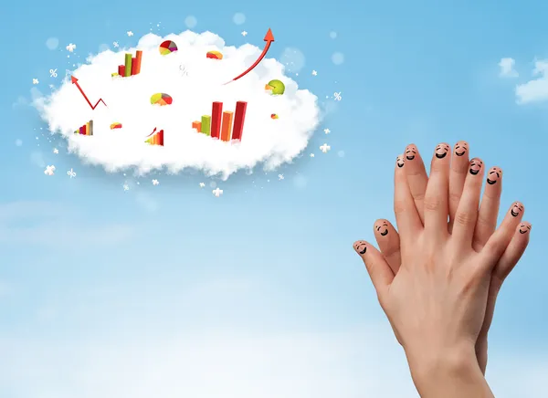 Vrolijke vinger smiley met grafiek wolk pictogrammen in de lucht — Stockfoto