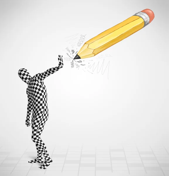 Guy in body mask with a big hand drawn pencil — Stock Photo, Image