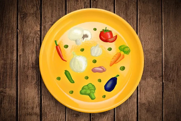 Colorful plate with hand drawn icons, symbols, vegetables and fr — Stock Photo, Image