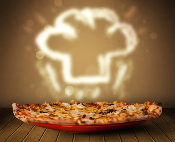 Deliciosa pizza con chef cocinero sombrero de vapor ilustración — Foto de Stock