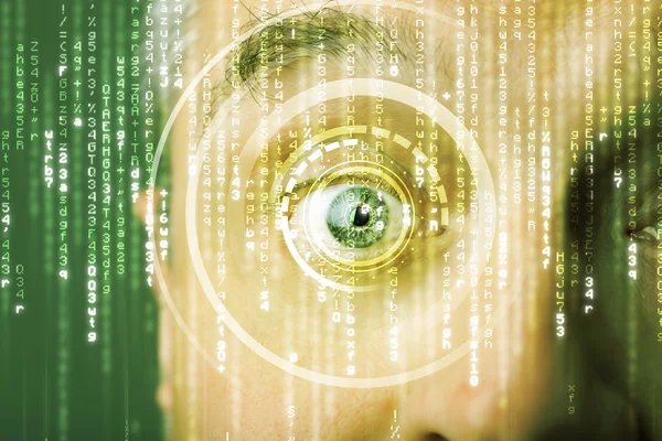 Modern cyber soldier with target matrix eye — Stock Photo, Image