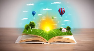 Yeşil doğa dünyasının sayfalarından çıktığı açık bir kitap.
