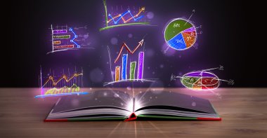 Parlak grafik çizimleriyle ahşap güvertede kitap