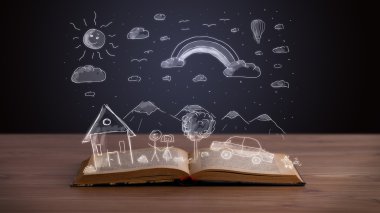 Elle çizilmiş peyzaj ile açık kitap