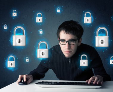 sanal kilit simgeleri ve simge ile genç hacker