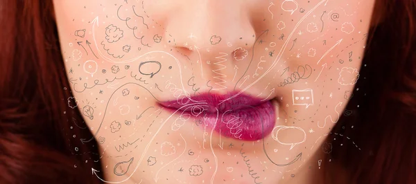 Pretty woman mouth blowing hand drawn icons and symbols — Stock Photo, Image