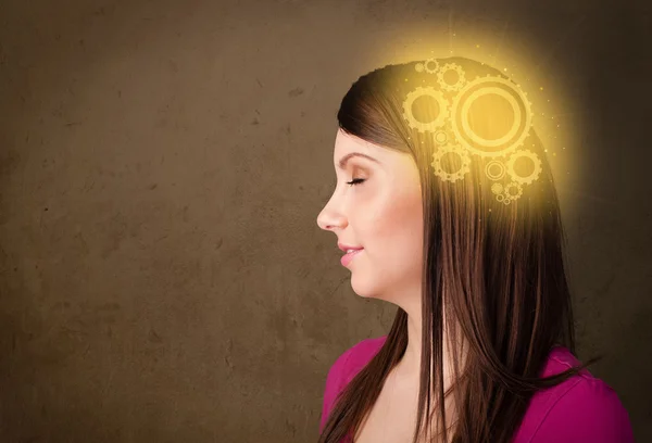 Smart tjej som tänker med en maskin huvudet illustration — Stockfoto