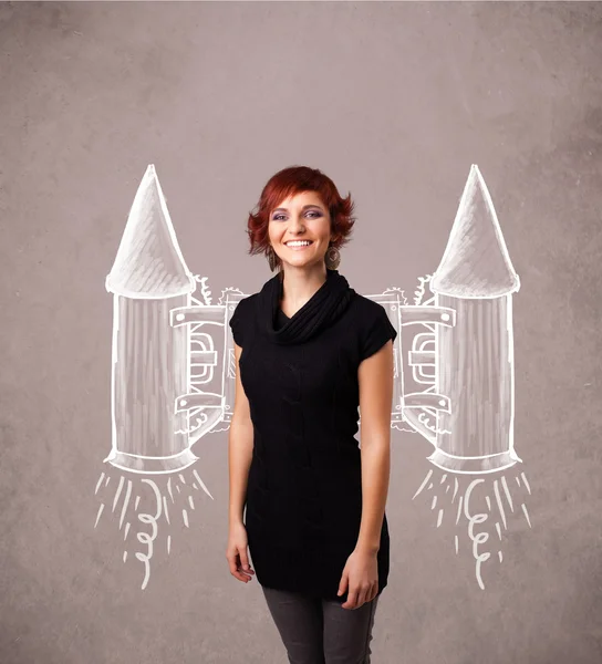 Cute girl with jet pack rocket drawing illustration — Stock Photo, Image