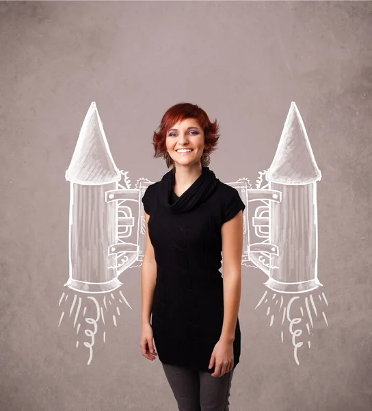 Ragazza carina con jet pack disegno razzo illustrazione — Foto Stock