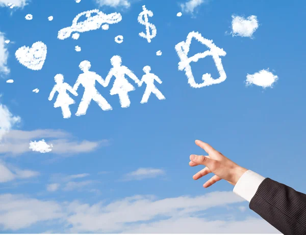 Hand pointing at family and household clouds — Stock Photo, Image