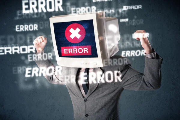 Business man with pc monitor on his head and error messages on t — Stock Photo, Image