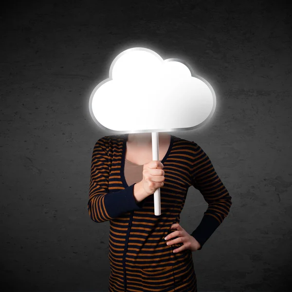 Young woman holding a cloud — Stock Photo, Image