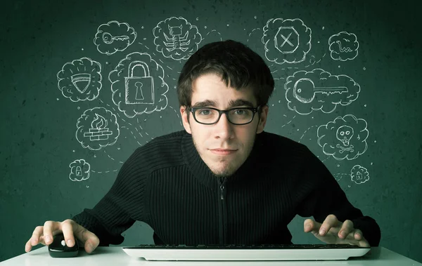 Giovane hacker nerd con virus e pensieri di hacking — Foto Stock