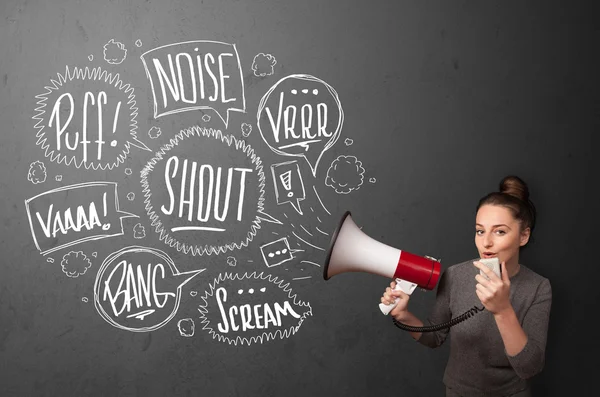 Girl yelling into megaphone and hand drawn speech bubbles come o — Stock Photo, Image