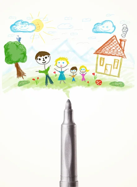 Pluma de fieltro de cerca con un dibujo de una familia — Foto de Stock