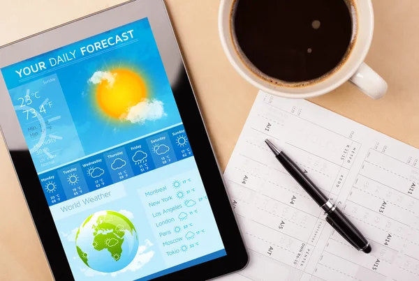 Tablet-PC zeigt Wettervorhersage auf dem Bildschirm mit einer Tasse Kaffee — Stockfoto