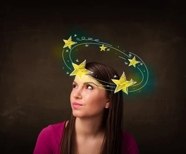 Girl with yellow stars circleing around her head illustration — Stock Photo, Image