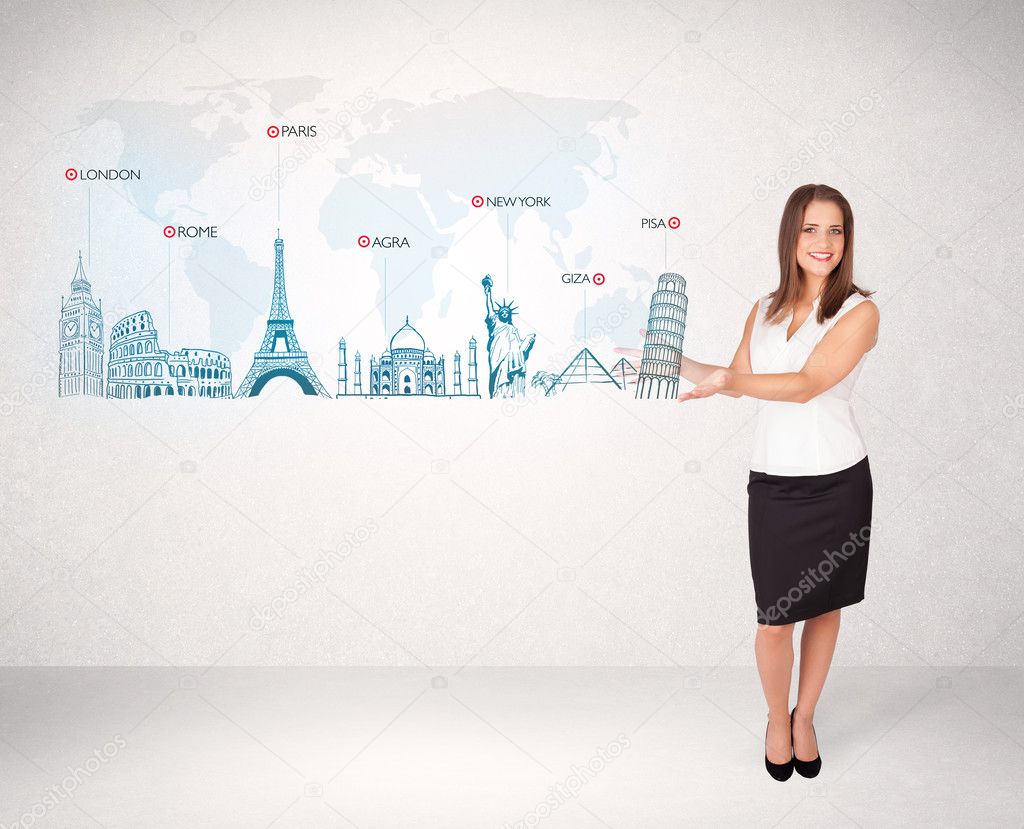 Business woman presenting map with famous cities and landmarks