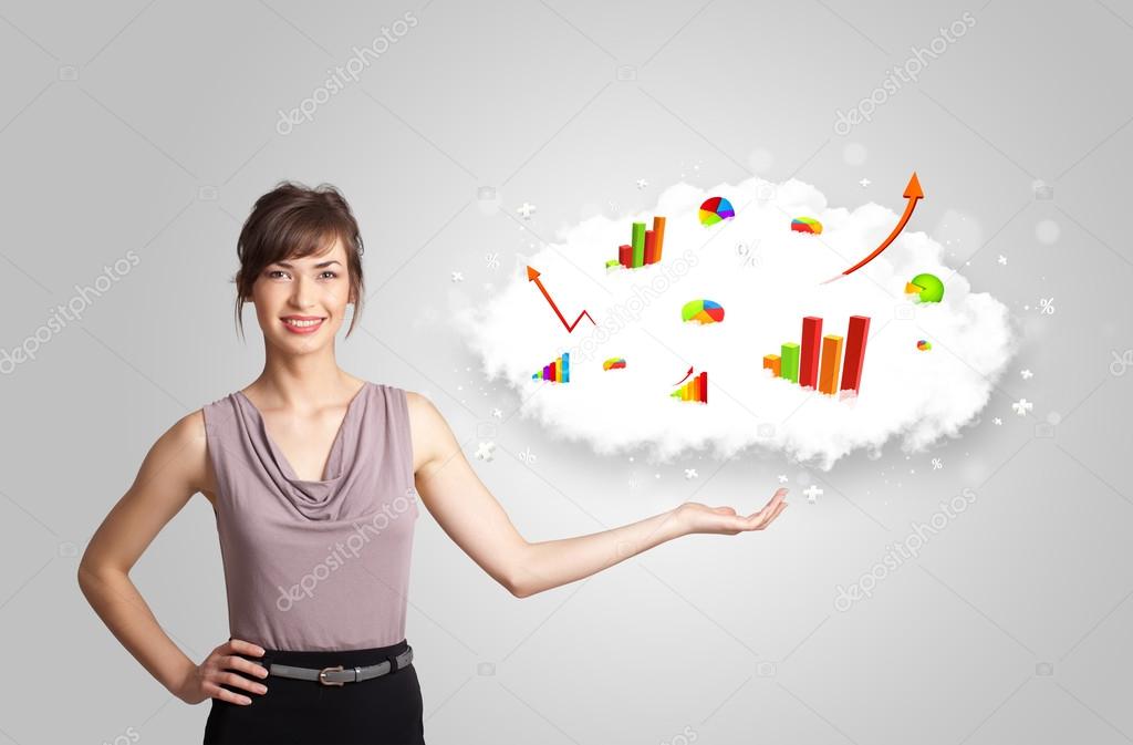 Young woman presenting cloud with graphs and charts