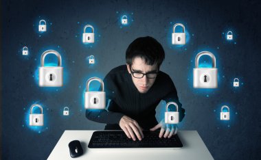 sanal kilit simgeleri ve simge ile genç hacker