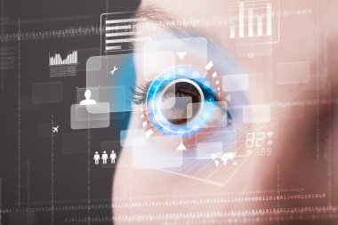 Siber teknoloji göz paneli konsepti ile gelecekteki kadın