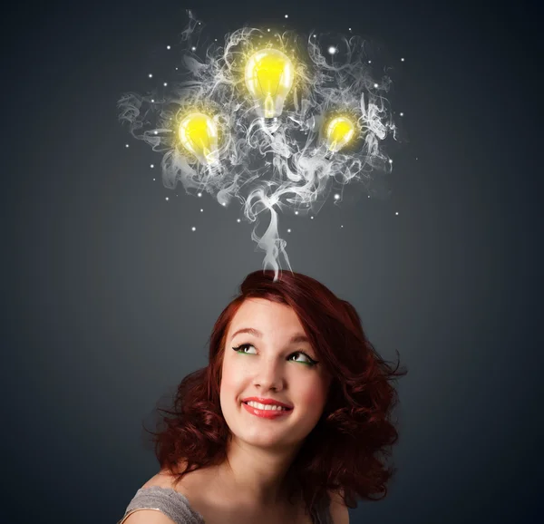 Thoughtful woman with smoke and lightbulbs above her head — Stock Photo, Image