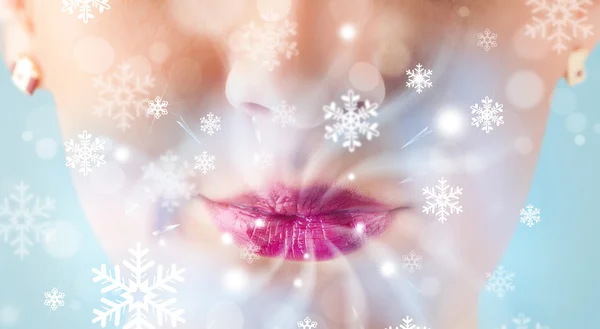 Pretty woman mouth blowing cold breeze — Stock Photo, Image