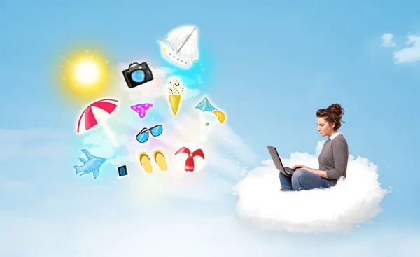 Young businessman sitting in cloud with laptop — Stock Photo, Image