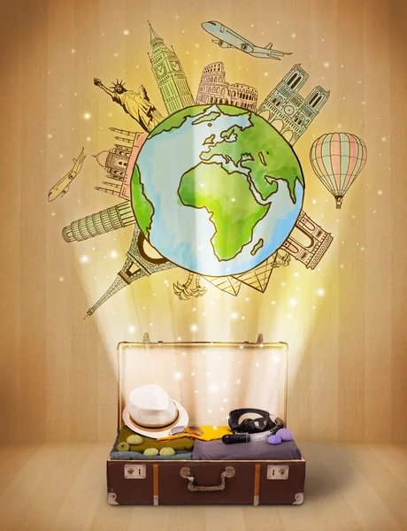 Luggage with travel around the world illustration concept — Stock Photo, Image