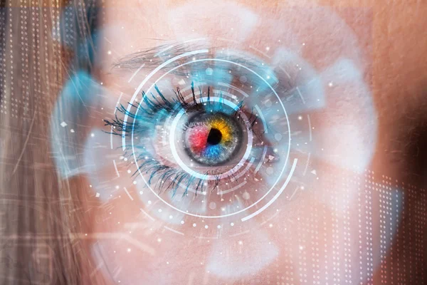 Zukünftige Frau mit Cyber-Technologie Eye Panel-Konzept — Stockfoto