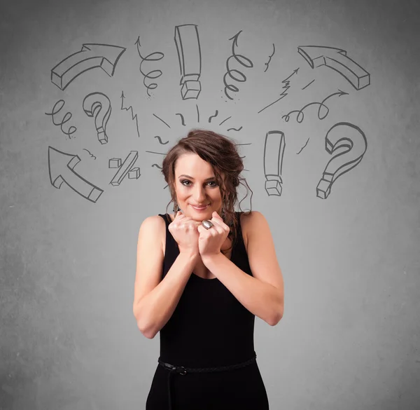 Cute young girl with question sign doodles — Stock Photo, Image