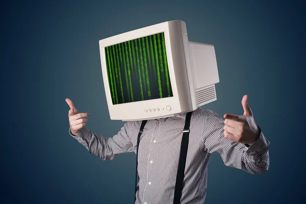 Cyber humano con una pantalla de monitor y código de computadora en el displ —  Fotos de Stock