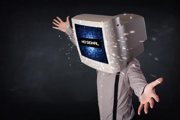 Man with a monitor head, no signal sign on the display — Stock Photo, Image