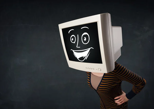 Dziewczyna z monitora głowę i twarz wesoły kreskówka — Zdjęcie stockowe