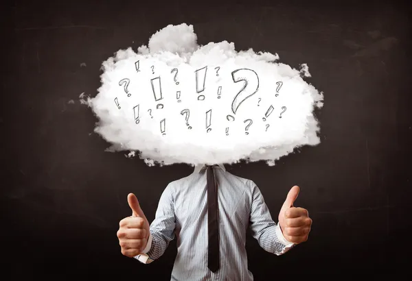 Biznes człowiek chmura głowa z pytaniami i wykrzykniki — Zdjęcie stockowe