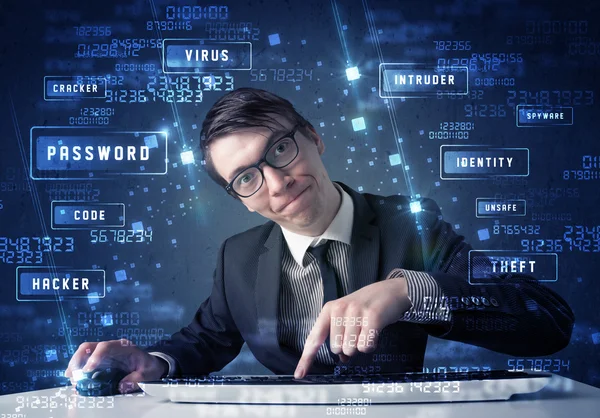 Hacker programing in technology enviroment with cyber icons — Stock Photo, Image