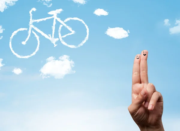 Felices dedos sonrientes mirando una nube en forma de bicicleta — Foto de Stock