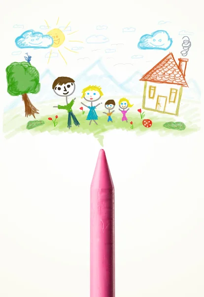 Crayon närbild med en ritning av en familj — Stockfoto