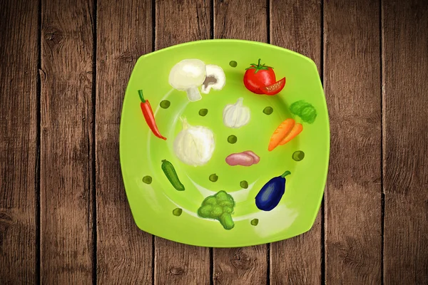 Kolorowy talerz z ręcznie rysowane ikony, symbole, warzywa i fr — Zdjęcie stockowe