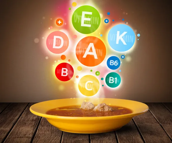Харчова тарілка зі смачною їжею та здоровими вітамінними символами — стокове фото