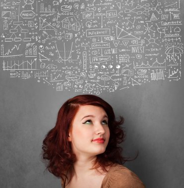 genç kadın başının üstünde kabataslak çizelgeleri ile el hareketi