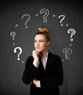 Young woman thinking with question mark circulation around her h clipart