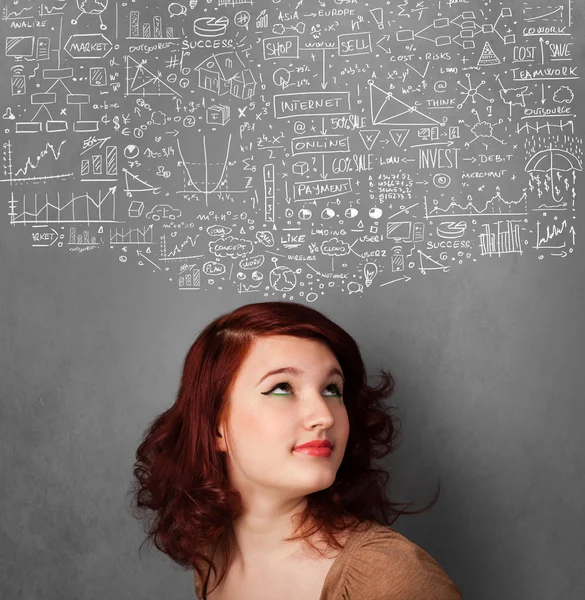 Young woman gesturing with sketched charts above her head — Stock Photo, Image