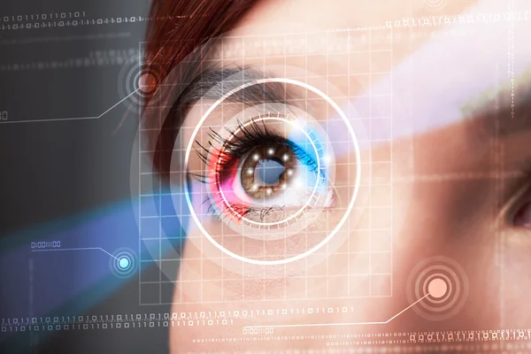 Cyber woman with technolgy eye looking — Stock Photo, Image