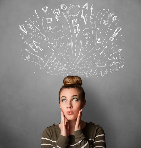 Young woman thinking with sketched arrows above her head — Stock Photo, Image