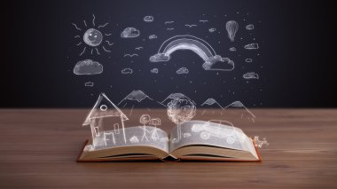 Elle çizilmiş peyzaj ile açık kitap