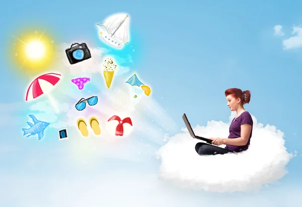 Young businessman sitting in cloud with laptop — Stock Photo, Image