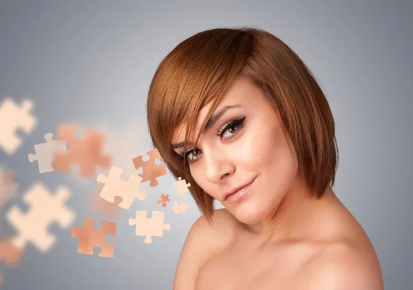 Pretty young girl with skin puzzle illustration — Stock Photo, Image