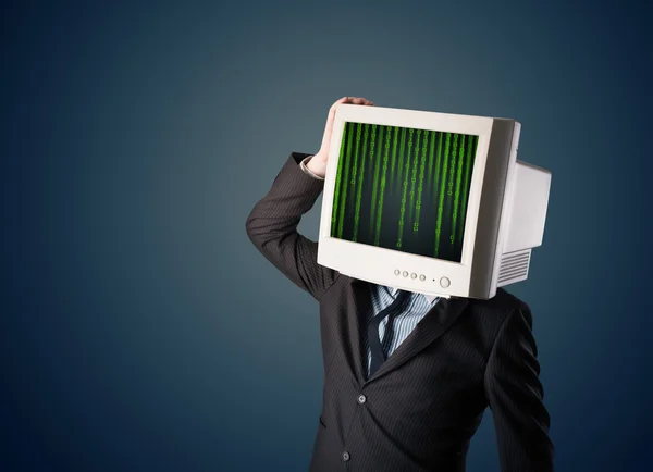 Siber displ bir monitör ekran ve bilgisayar kodu içeren insan — Stok fotoğraf